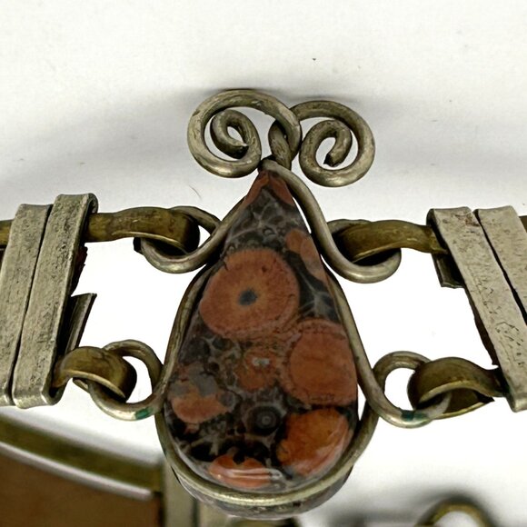 Vintage Egyptian Revival Jasper Stone Bracelet Brass Mixed Metal 6.75 in - Picture 2 of 16